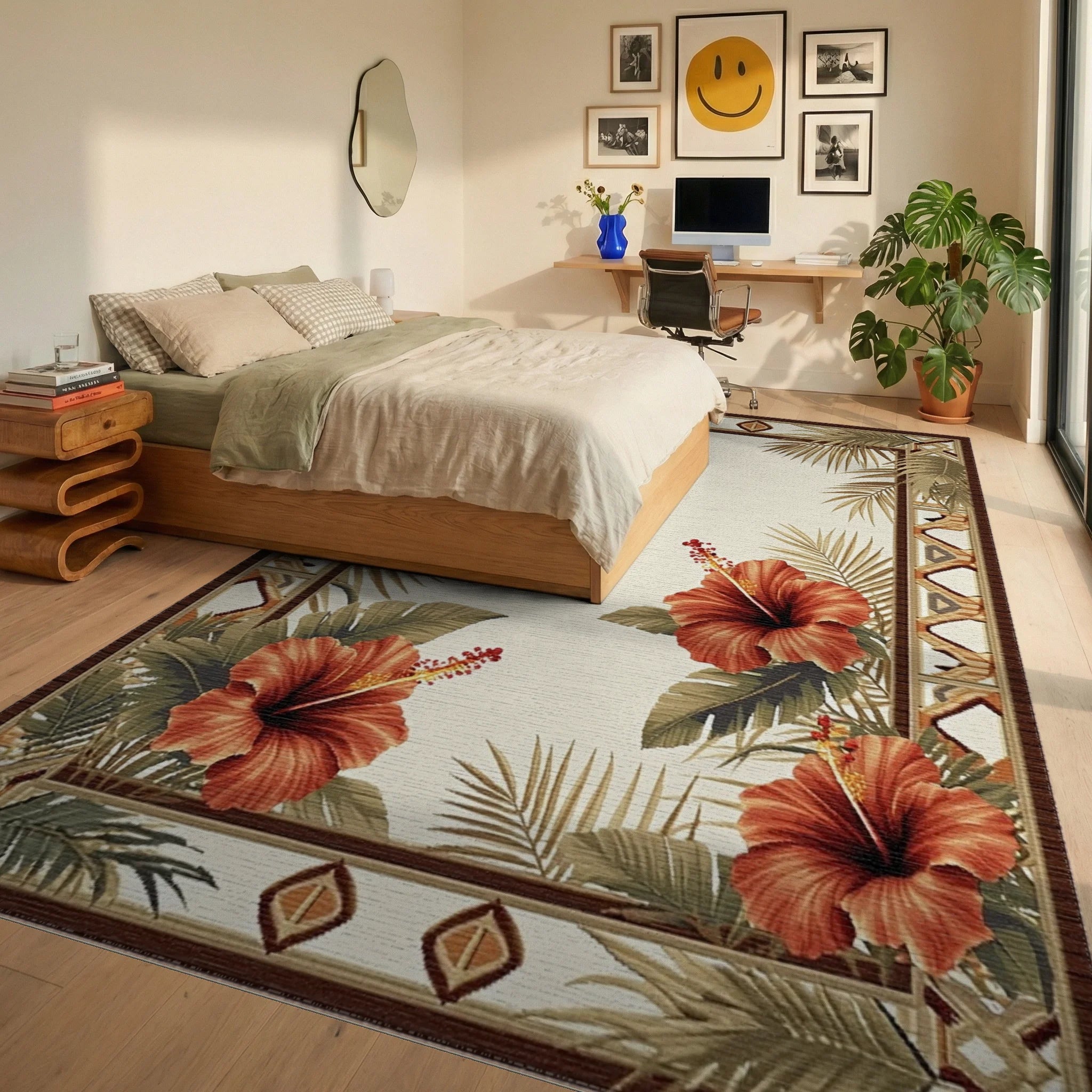Tropical Hibiscus Red Floral Leaves Rug - Bedroom View