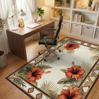 Tropical Hibiscus Red Floral Leaves Rug - Office View
