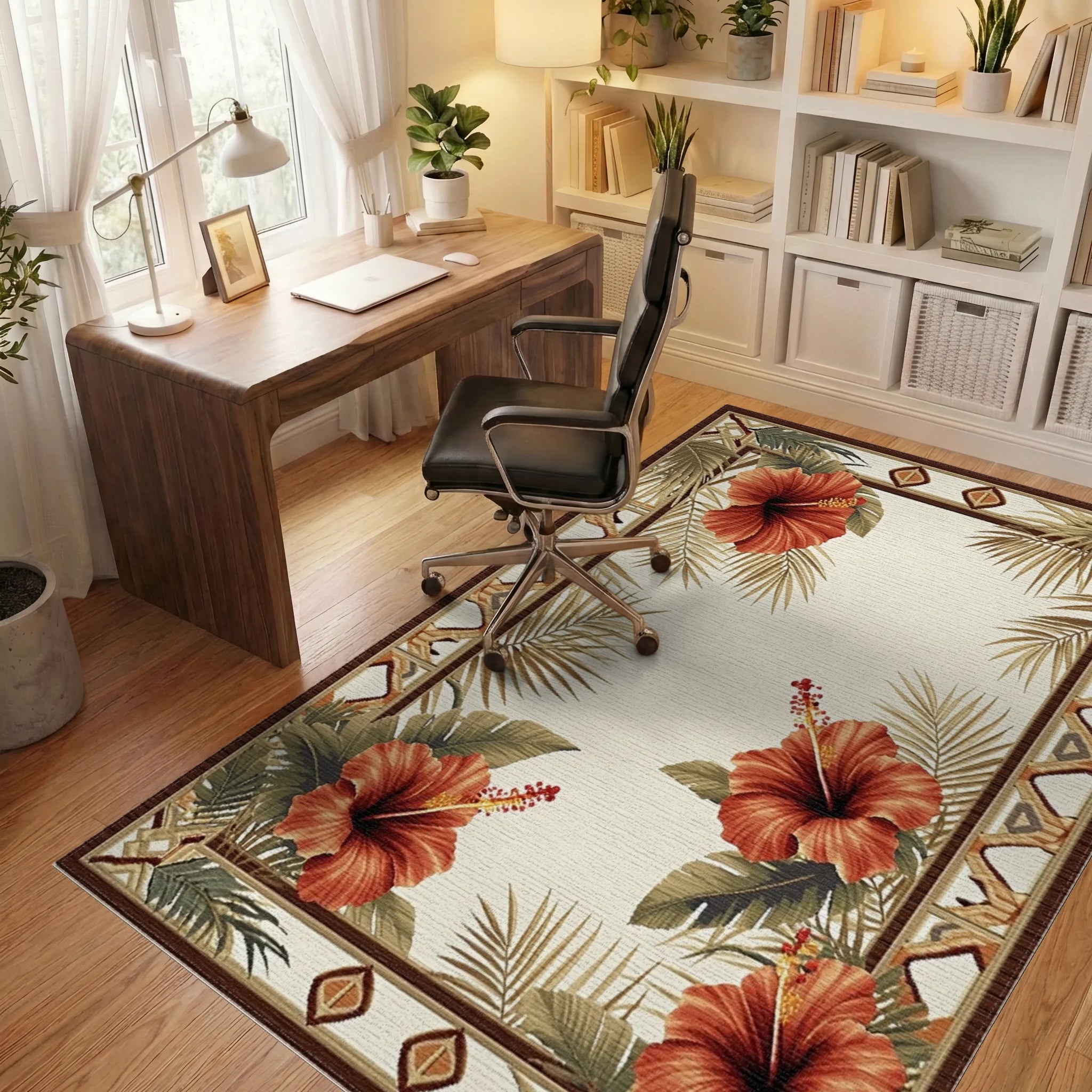 Tropical Hibiscus Red Floral Leaves Rug - Office View