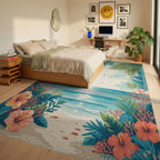 Tropical Hibiscus Shoreline Palms Rug Bedroom View