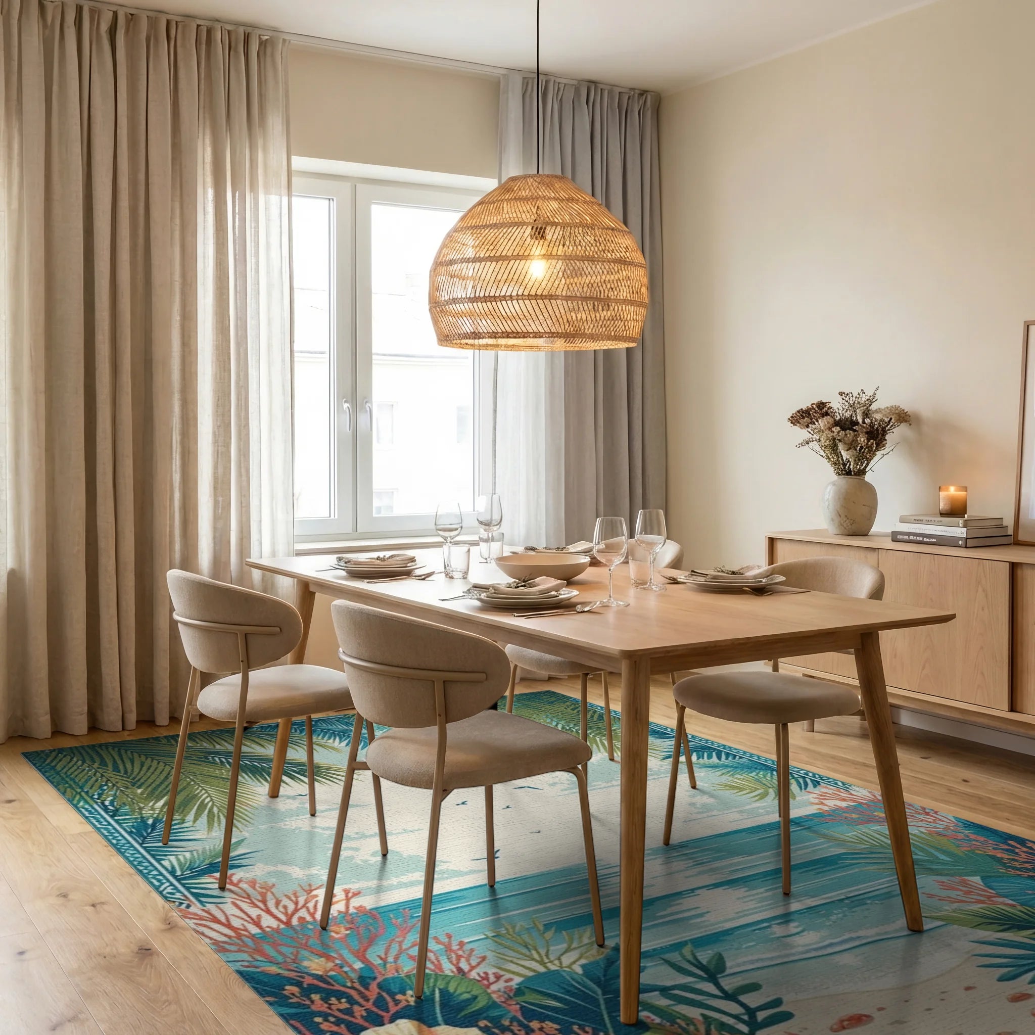 Tropical Hibiscus Shoreline Palms Rug Dining Room View
