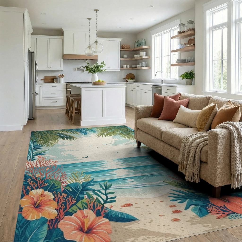 Tropical Hibiscus Shoreline Palms Rug Living Room View