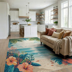 Tropical Hibiscus Shoreline Palms Rug Living Room View