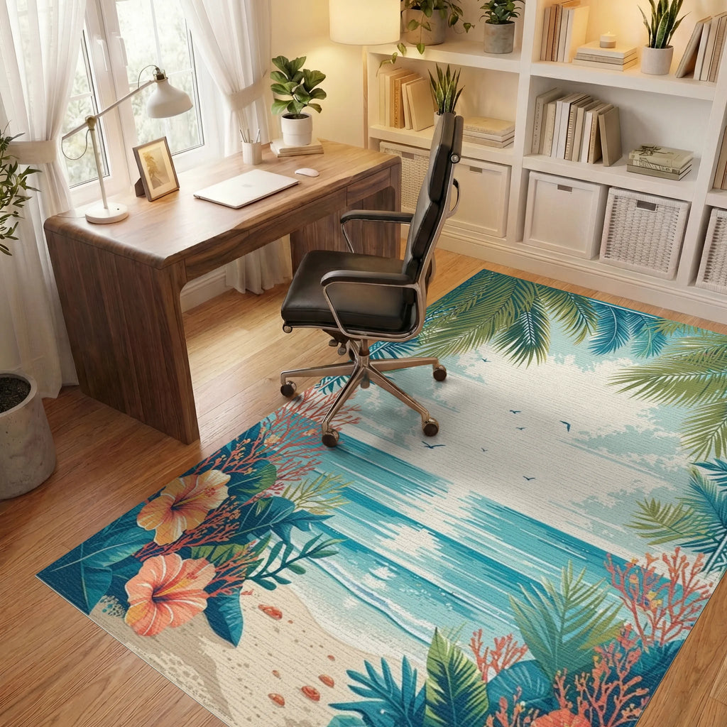Tropical Hibiscus Shoreline Palms Rug Office View