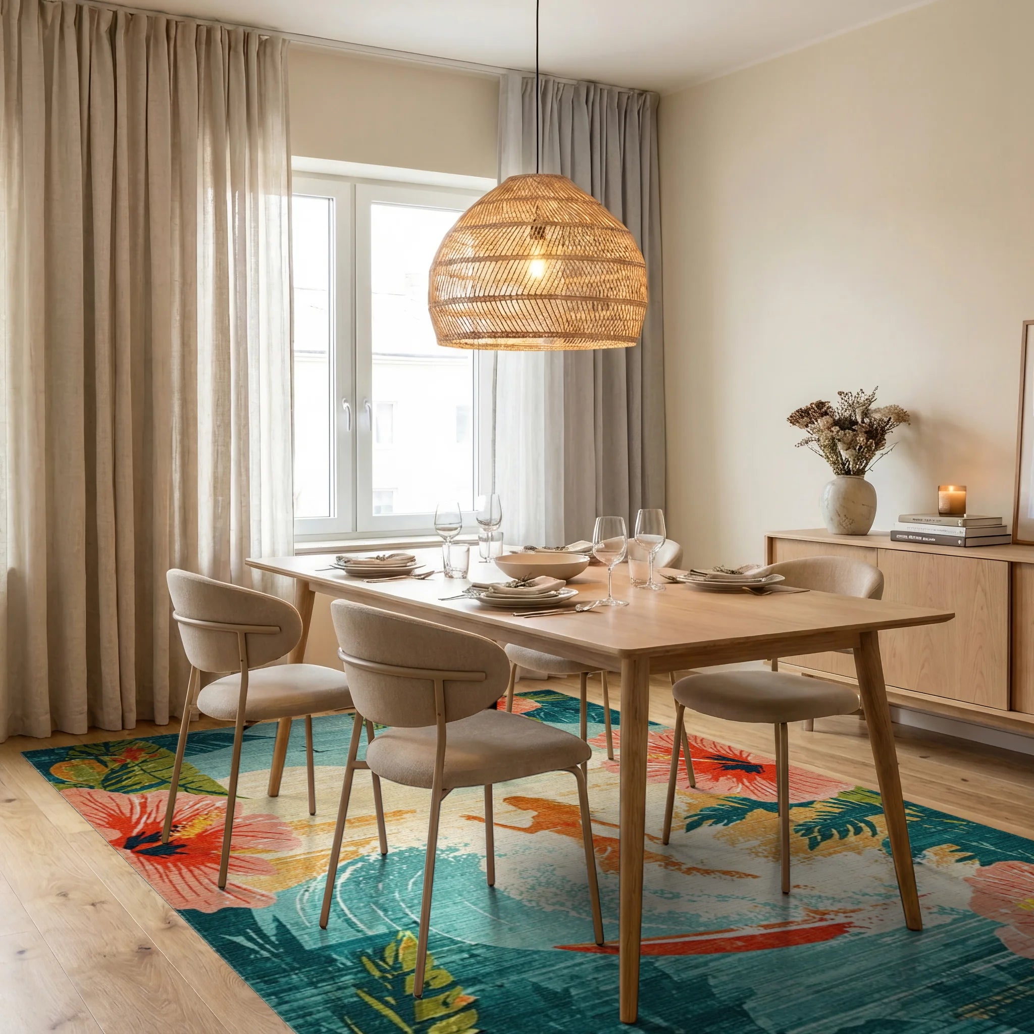 Tropical Hibiscus Surf Sunset Rug - Dining Room View