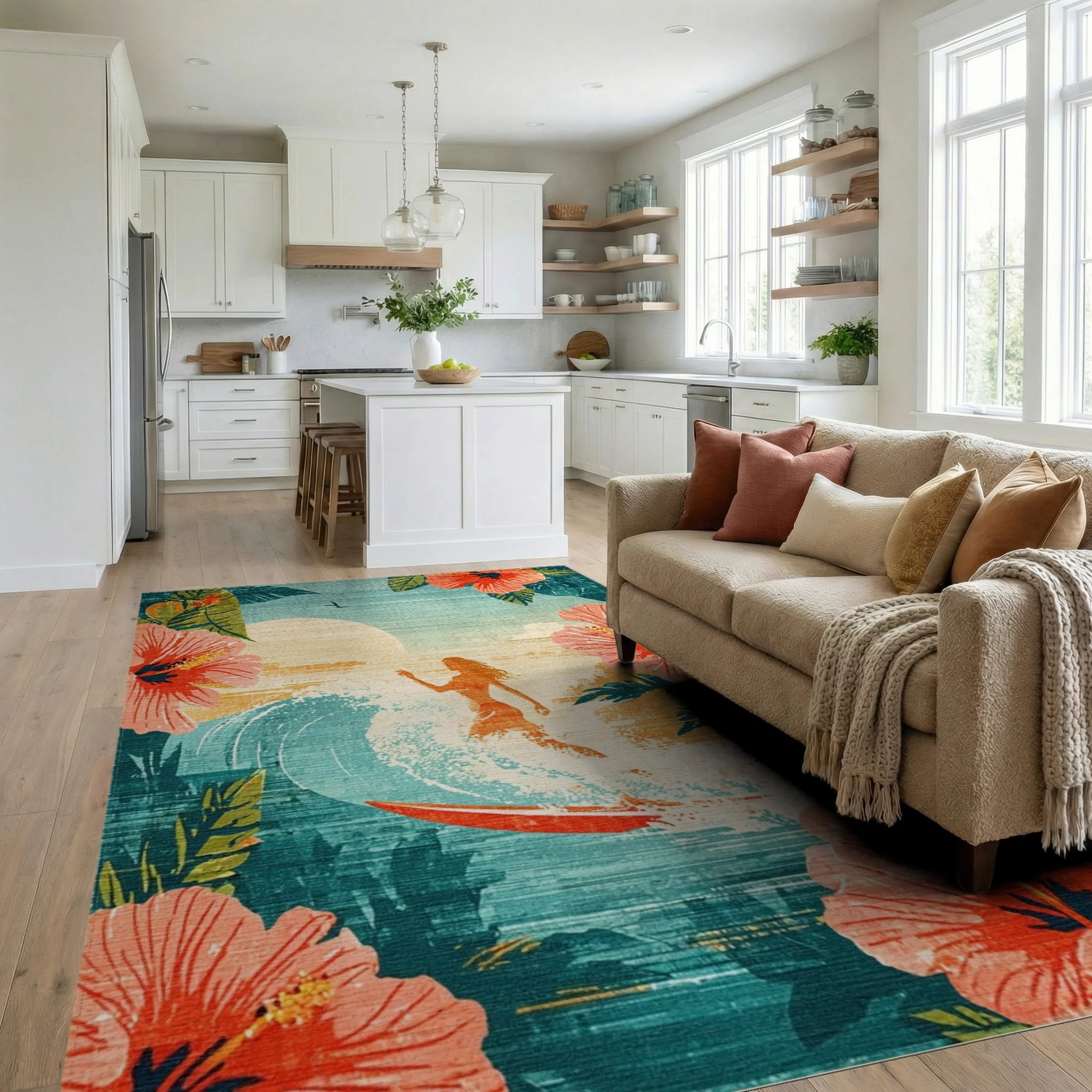 Tropical Hibiscus Surf Sunset Rug - Living Room View
