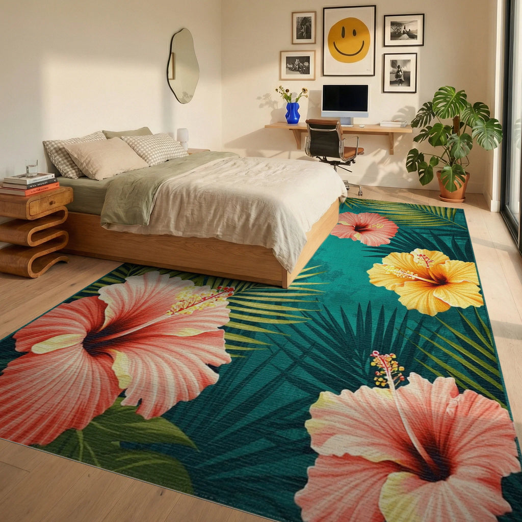 Tropical Hibiscus Teal Floral Art Rug Bedroom View