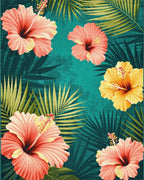Tropical Hibiscus Teal Floral Art Rug - Cutout View