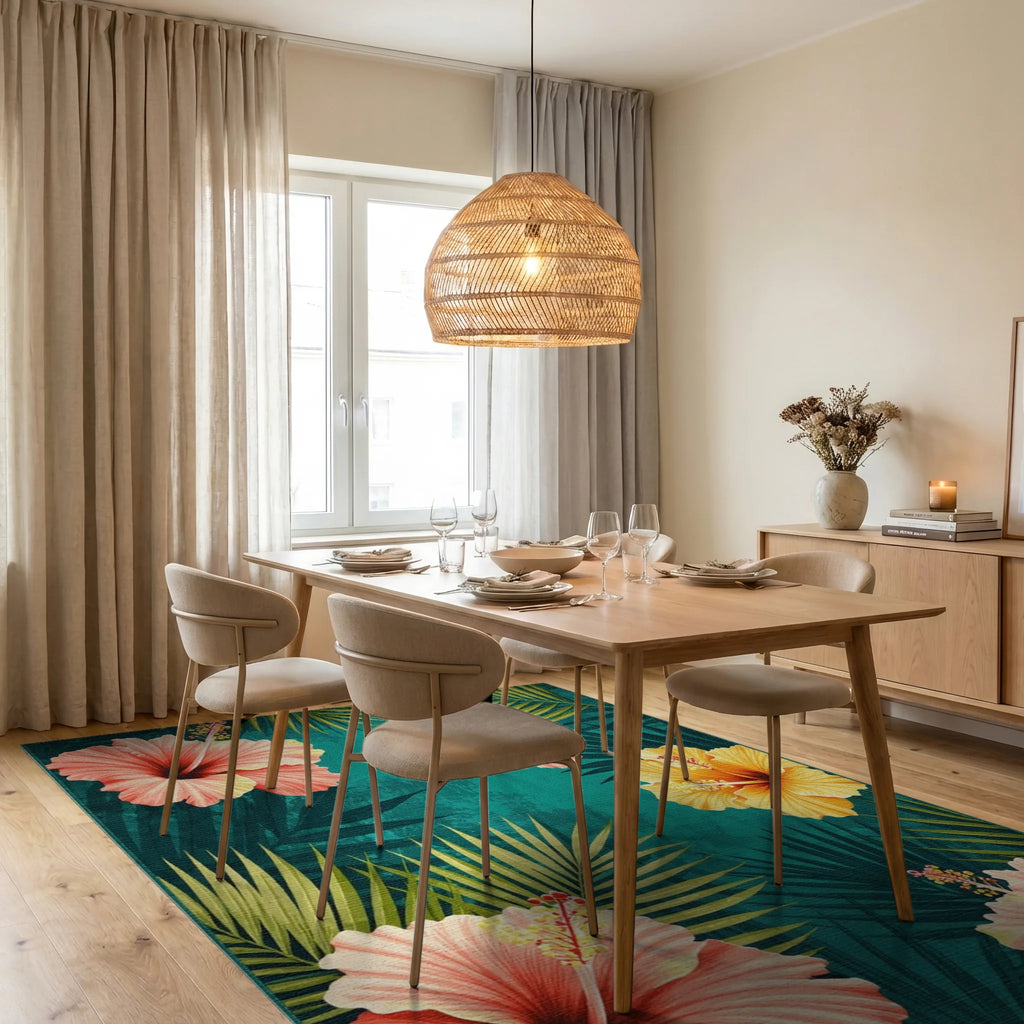 Tropical Hibiscus Teal Floral Art Rug Dining Room View