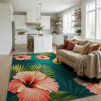 Tropical Hibiscus Teal Floral Art Rug Living Room View