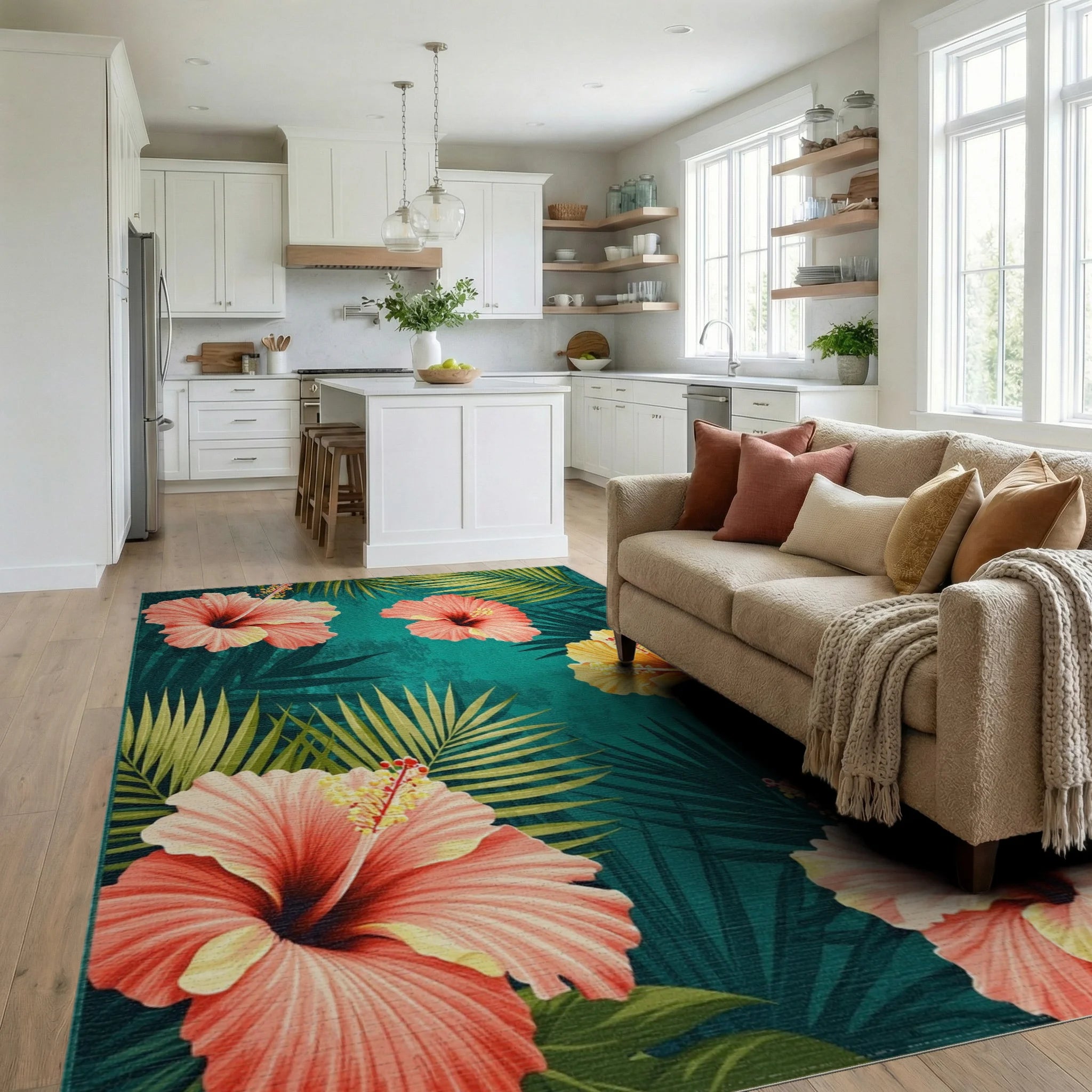 Tropical Hibiscus Teal Floral Art Rug Living Room View