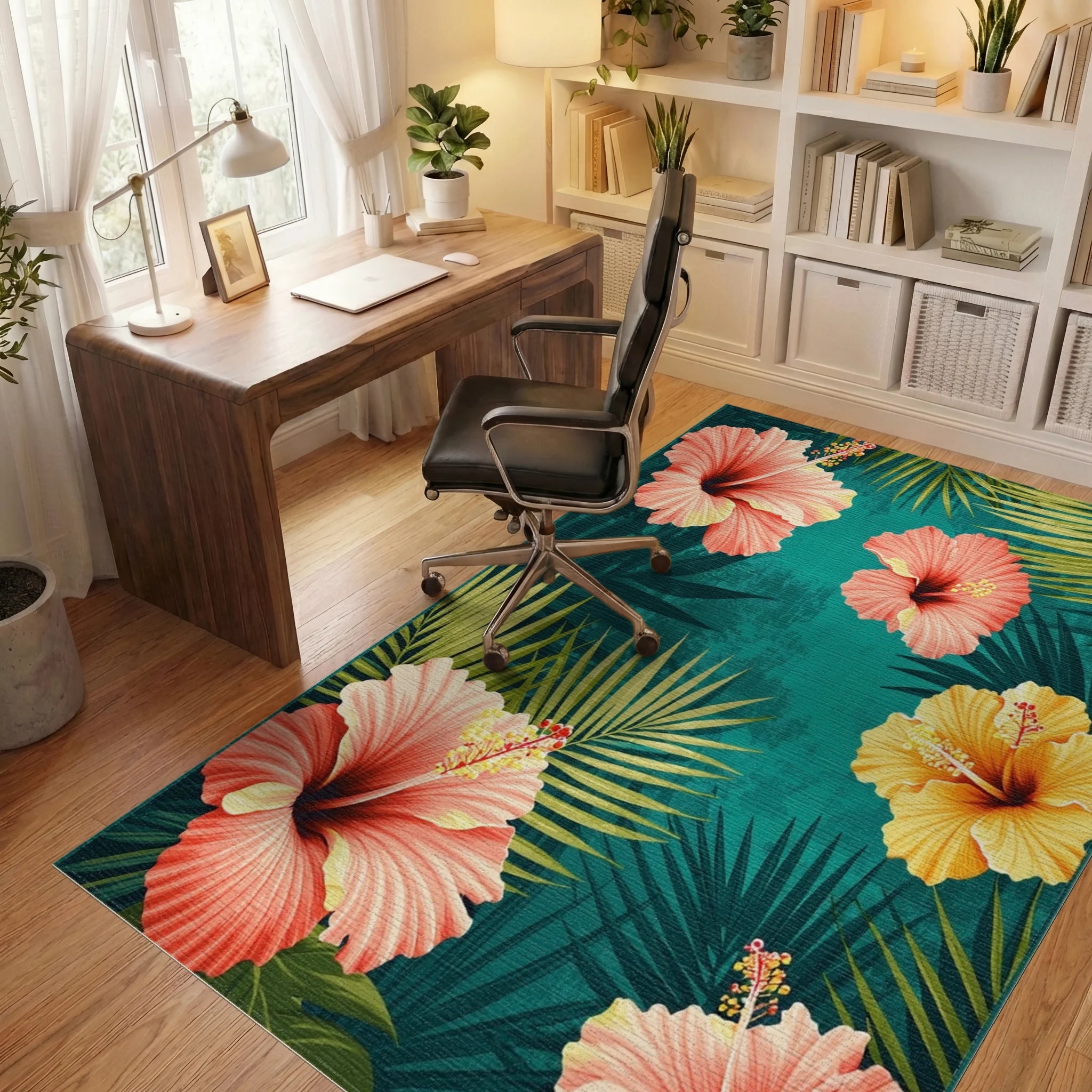 Tropical Hibiscus Teal Floral Art Rug Office View