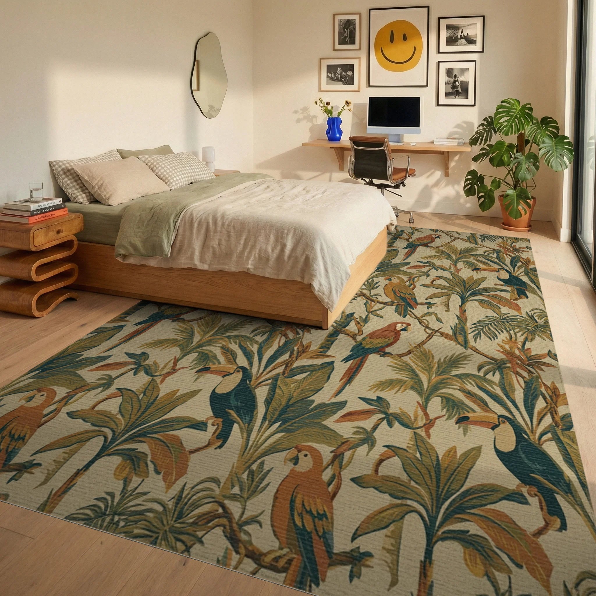 Tropical Jungle Birds Lush Greenery Rug Bedroom View