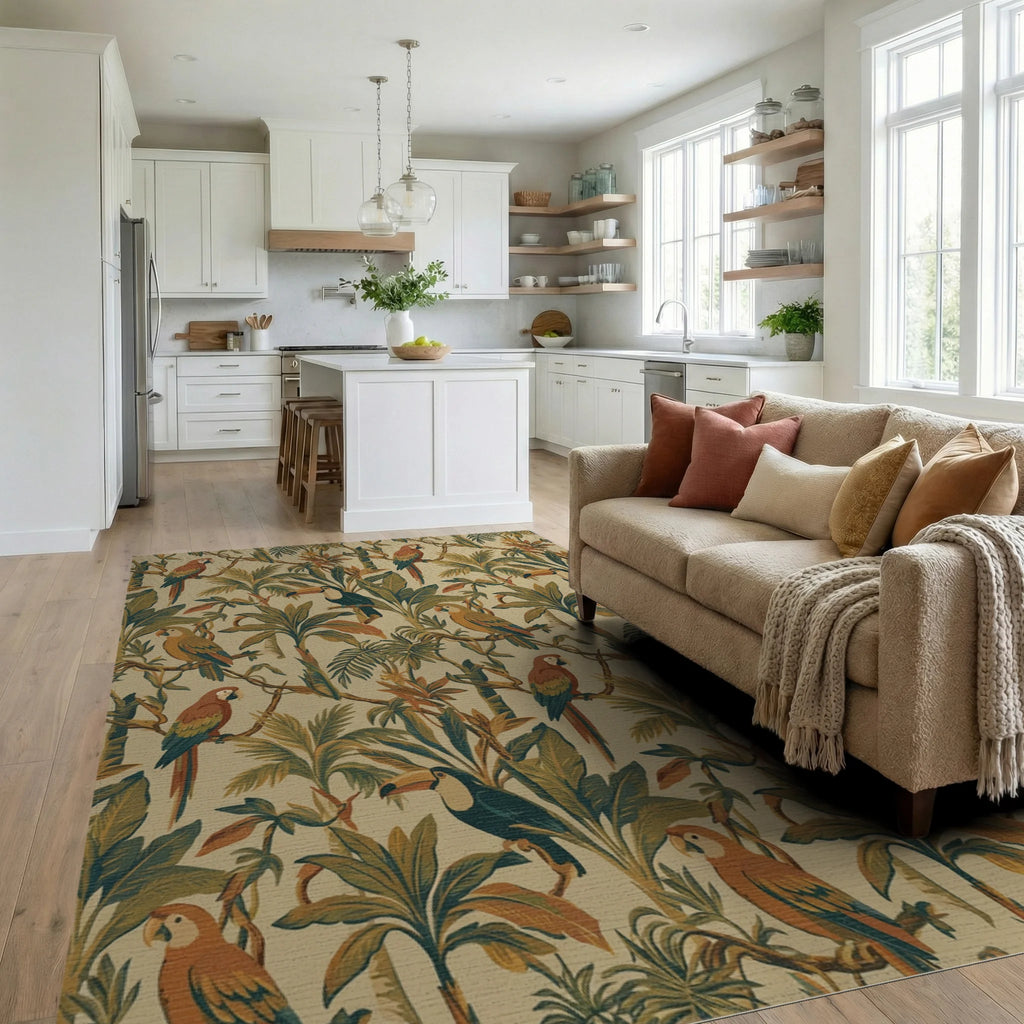Tropical Jungle Birds Lush Greenery Rug Living Room View