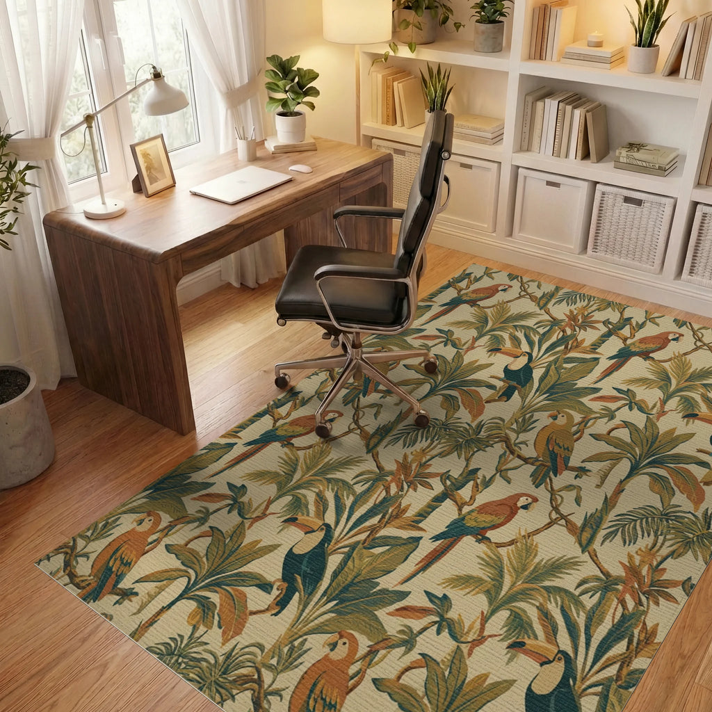 Tropical Jungle Birds Lush Greenery Rug Office View