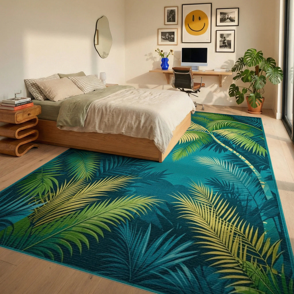 Tropical Jungle Leaf Pattern Teal Rug Bedroom View