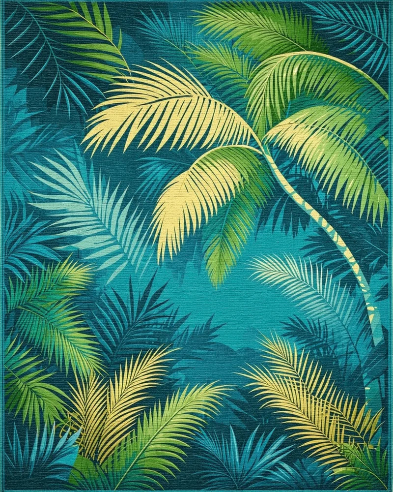 Tropical Jungle Leaf Pattern Teal Rug - Cutout View