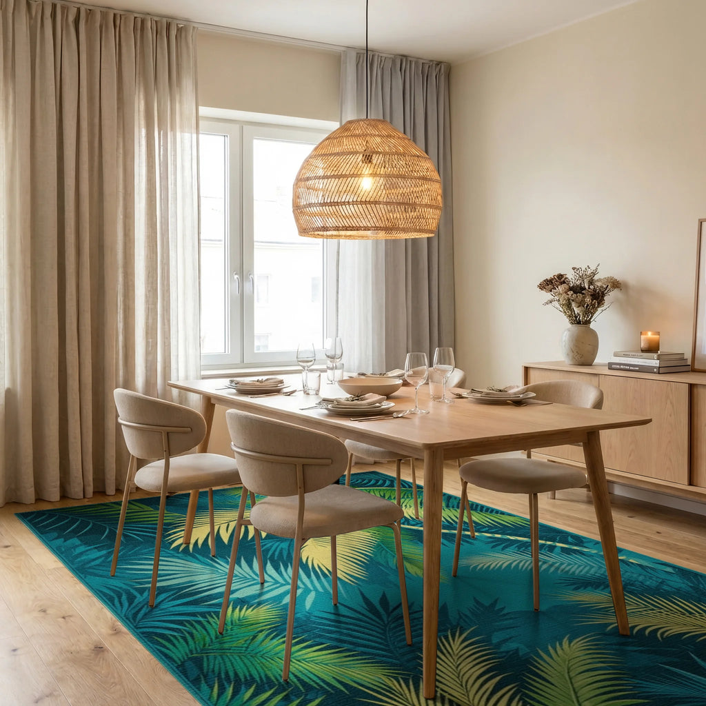 Tropical Jungle Leaf Pattern Teal Rug Dining Room View