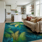 Tropical Jungle Leaf Pattern Teal Rug Living Room View
