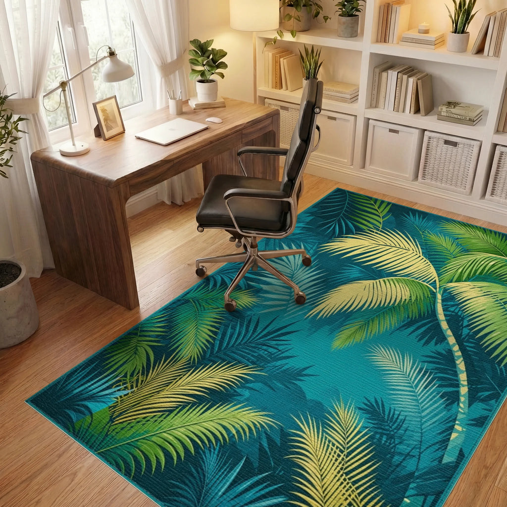 Tropical Jungle Leaf Pattern Teal Rug Office View