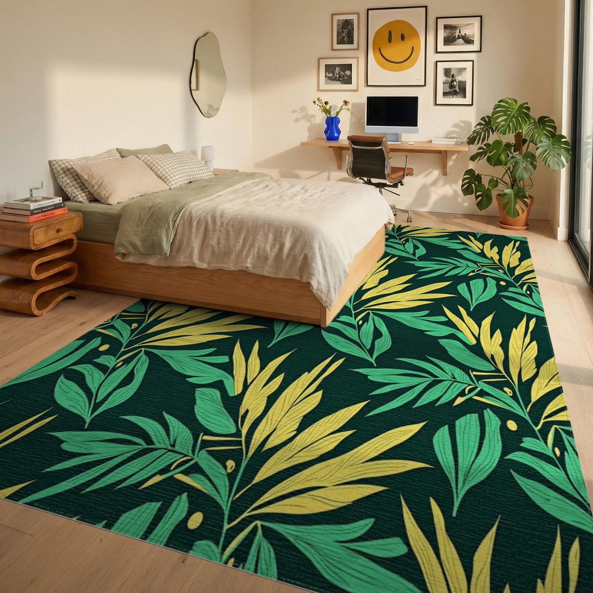 Tropical Leaf Patterned Botanical Design Rug Bedroom View