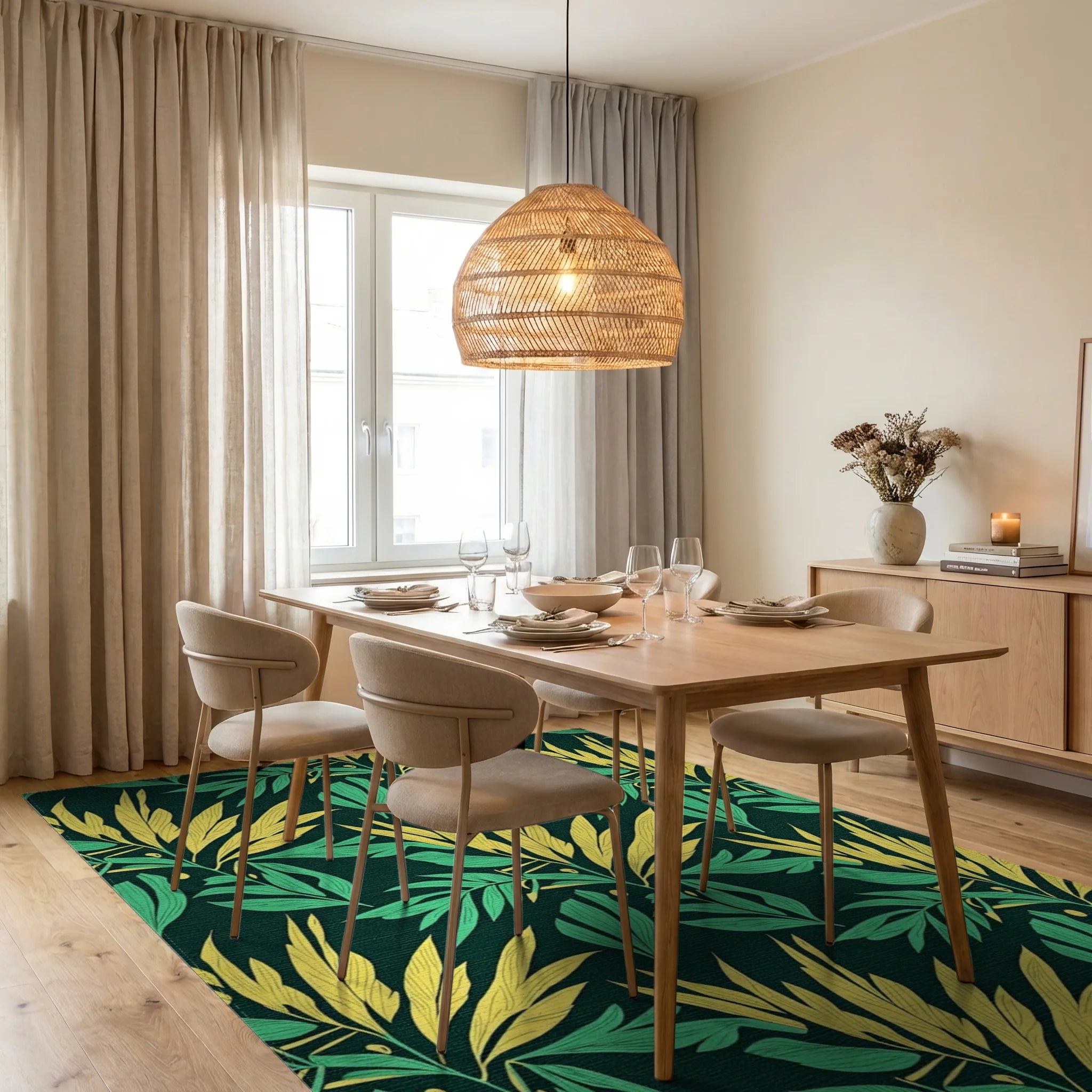 Tropical Leaf Patterned Botanical Design Rug Dining Room View