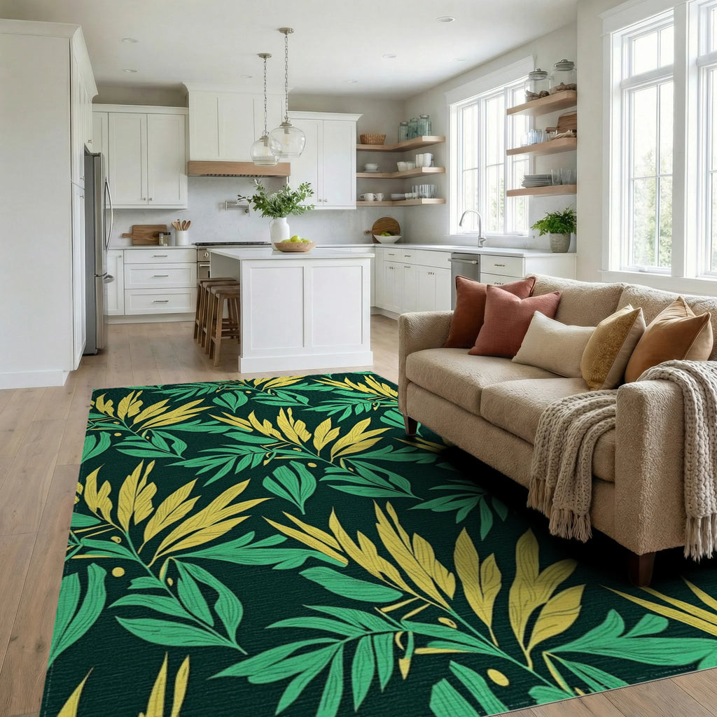 Tropical Leaf Patterned Botanical Design Rug Living Room View
