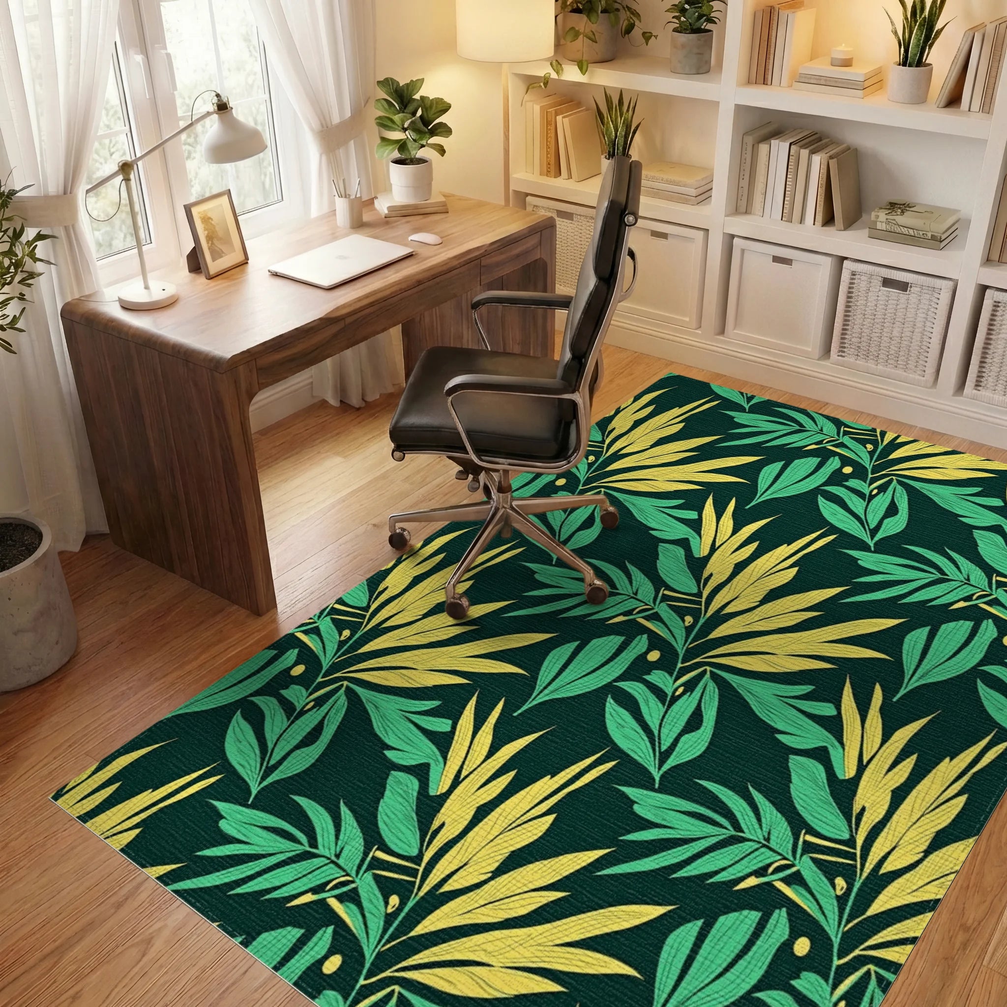 Tropical Leaf Patterned Botanical Design Rug Office View