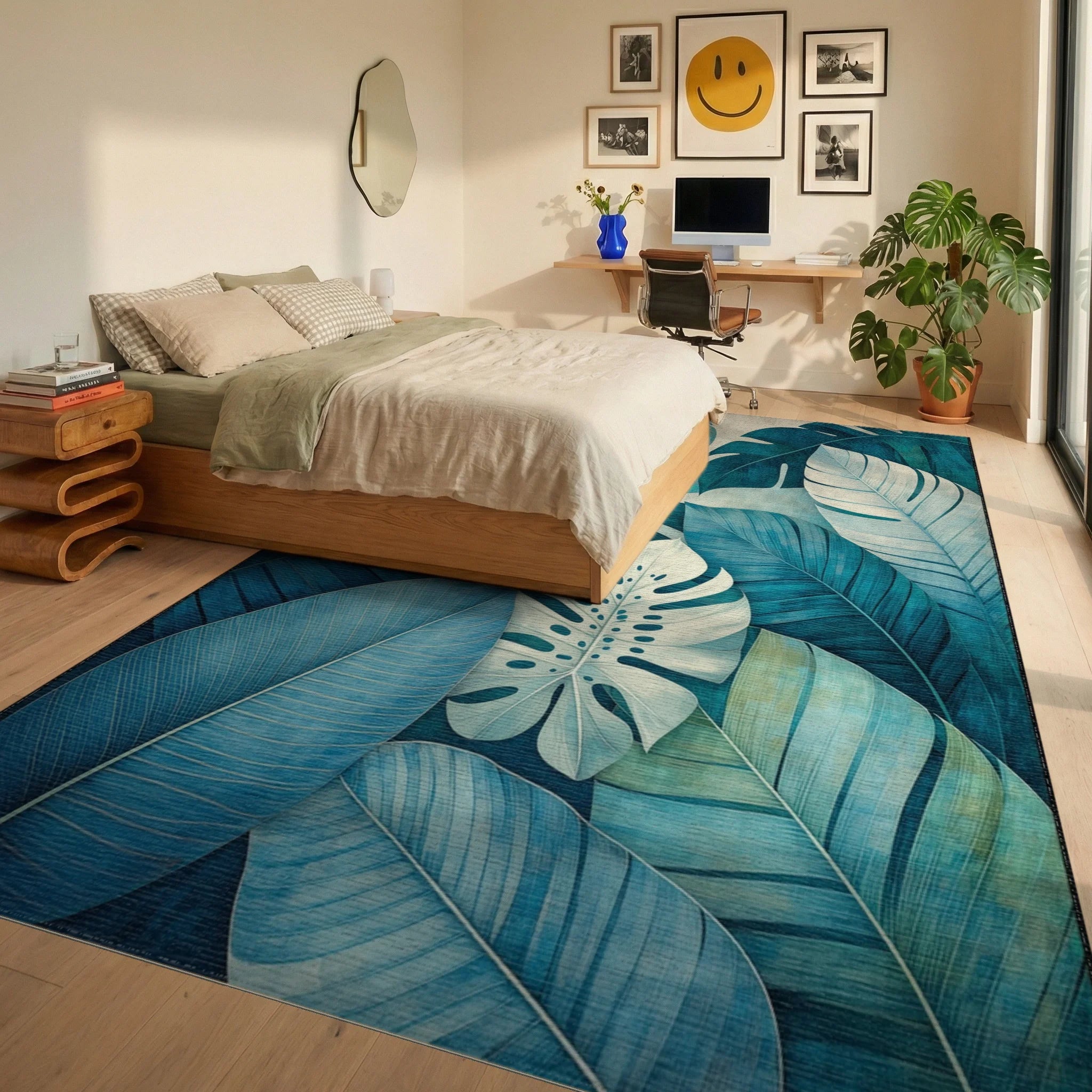 Tropical Leaf Print Design Rug - Bedroom View