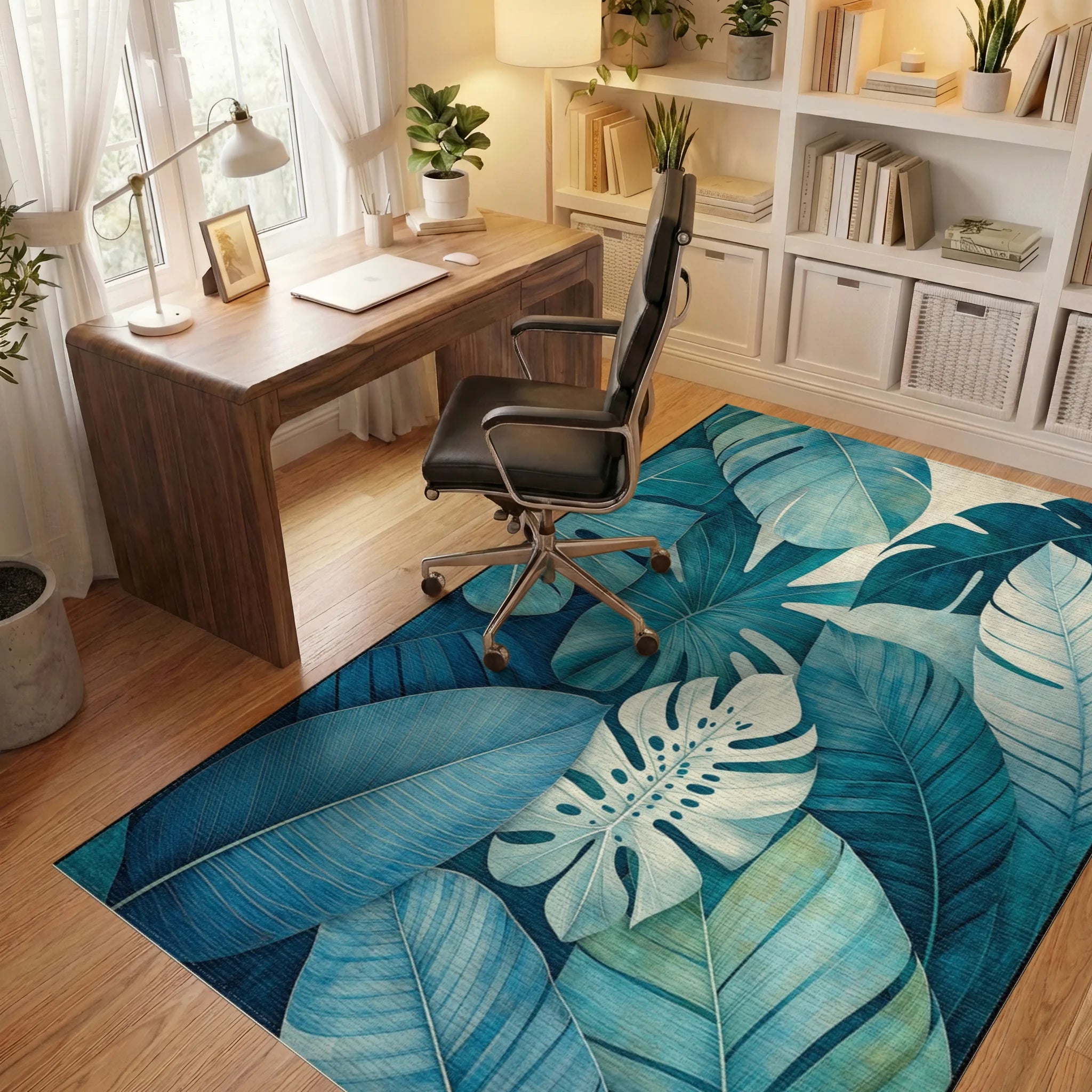 Tropical Leaf Print Design Rug - Office View