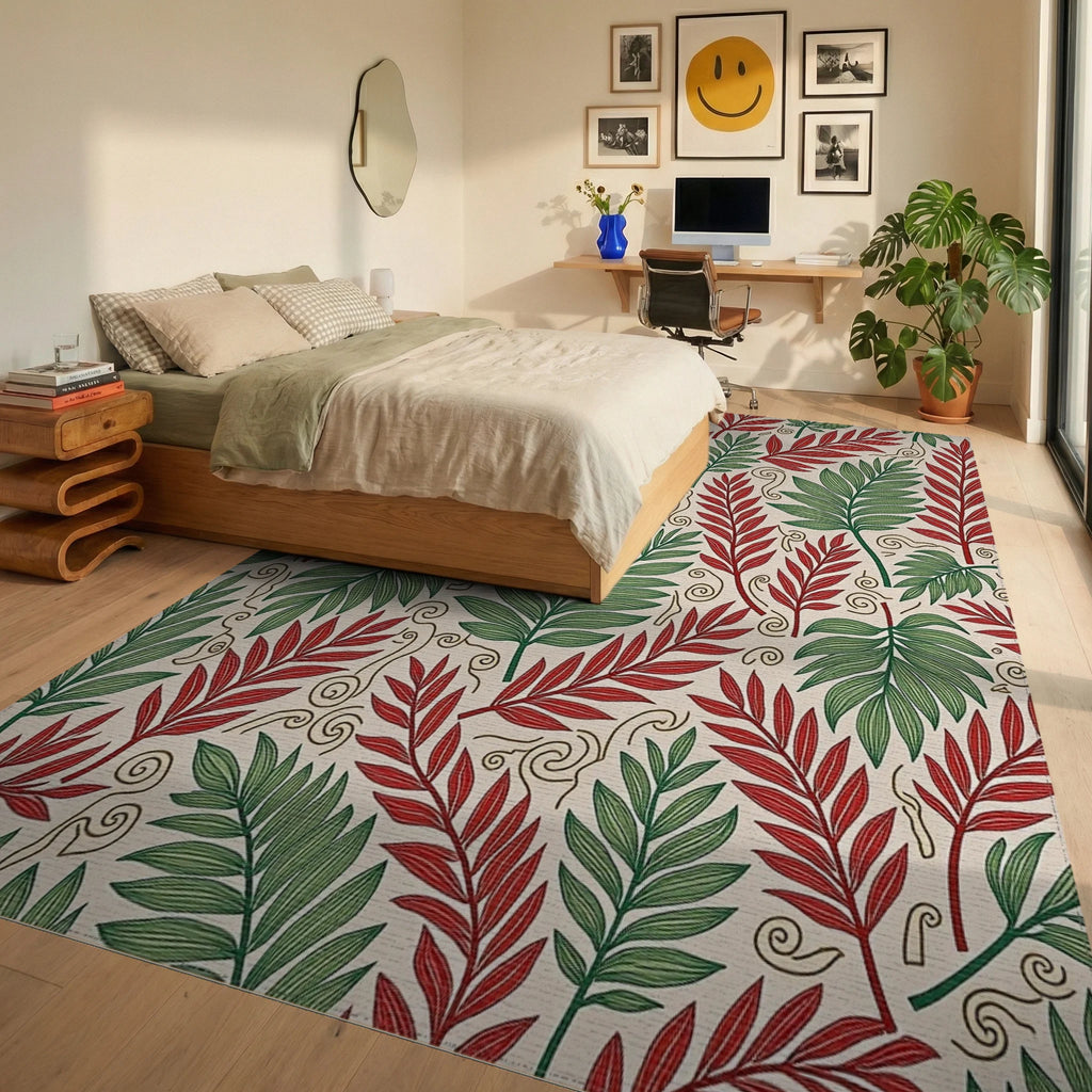 Tropical Leaf Print With Swirls Rug Bedroom View