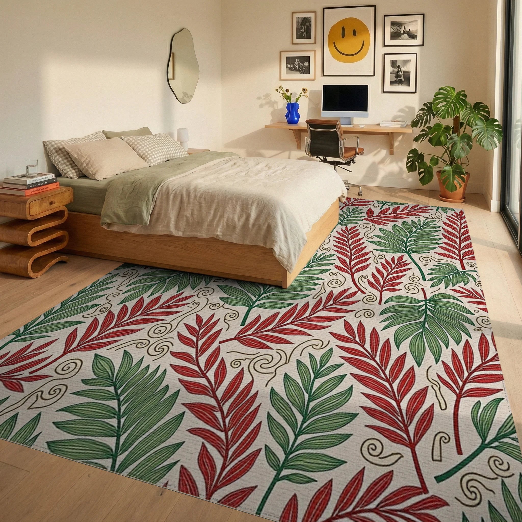 Tropical Leaf Print With Swirls Rug Bedroom View