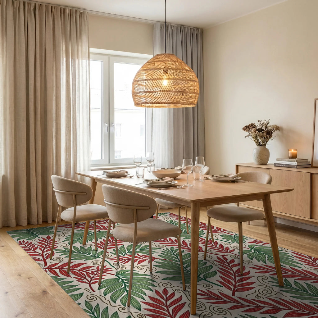Tropical Leaf Print With Swirls Rug Dining Room View