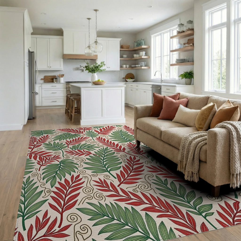 Tropical Leaf Print With Swirls Rug Living Room View