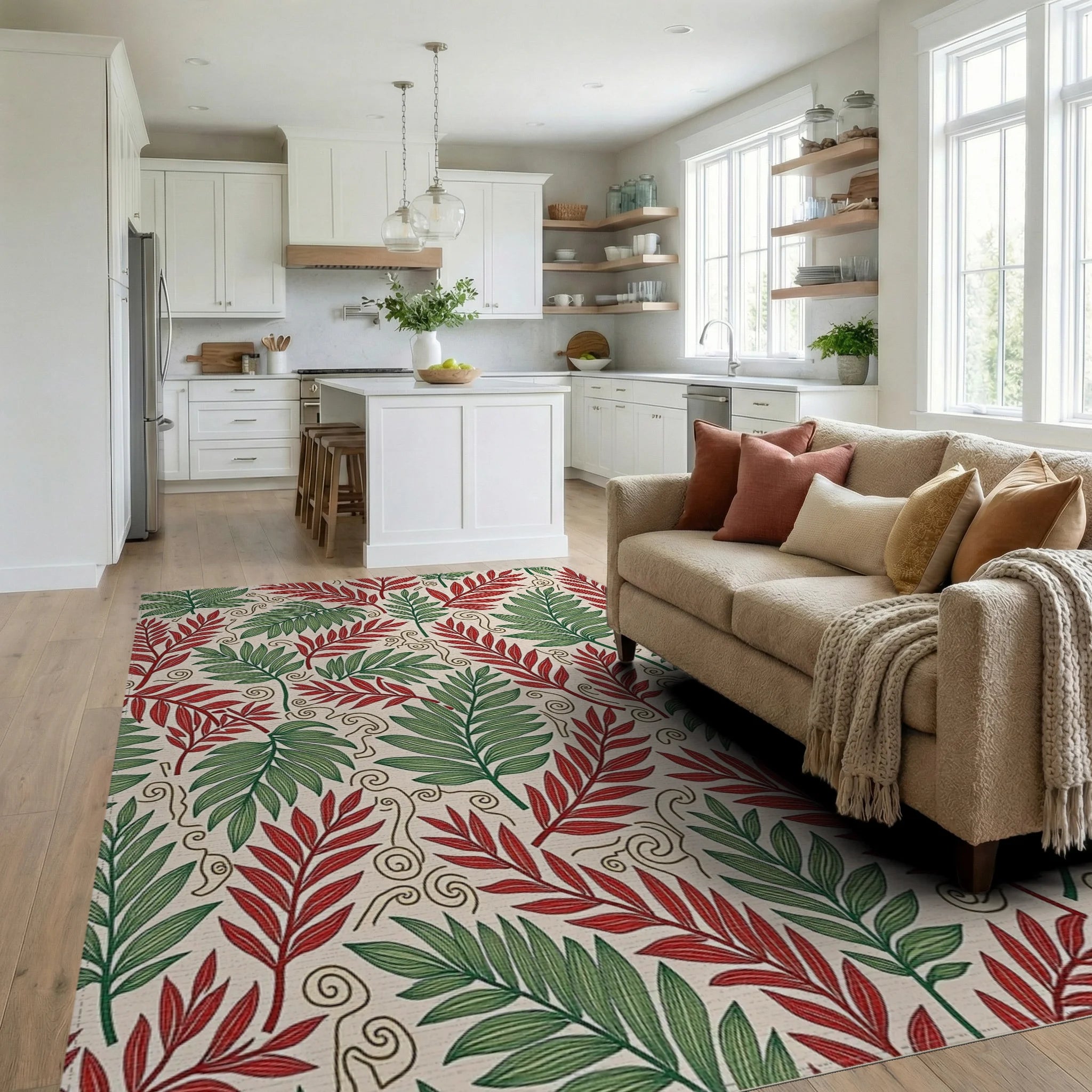 Tropical Leaf Print With Swirls Rug Living Room View