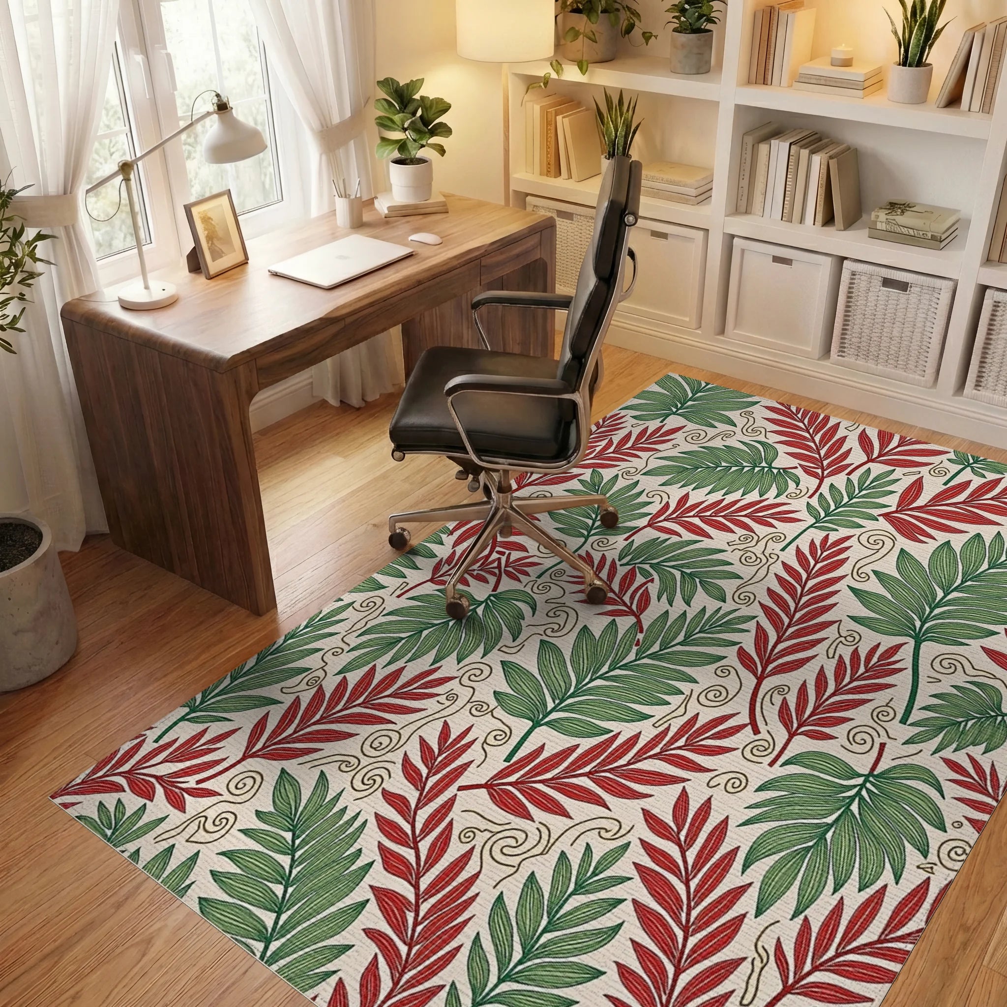 Tropical Leaf Print With Swirls Rug Office View