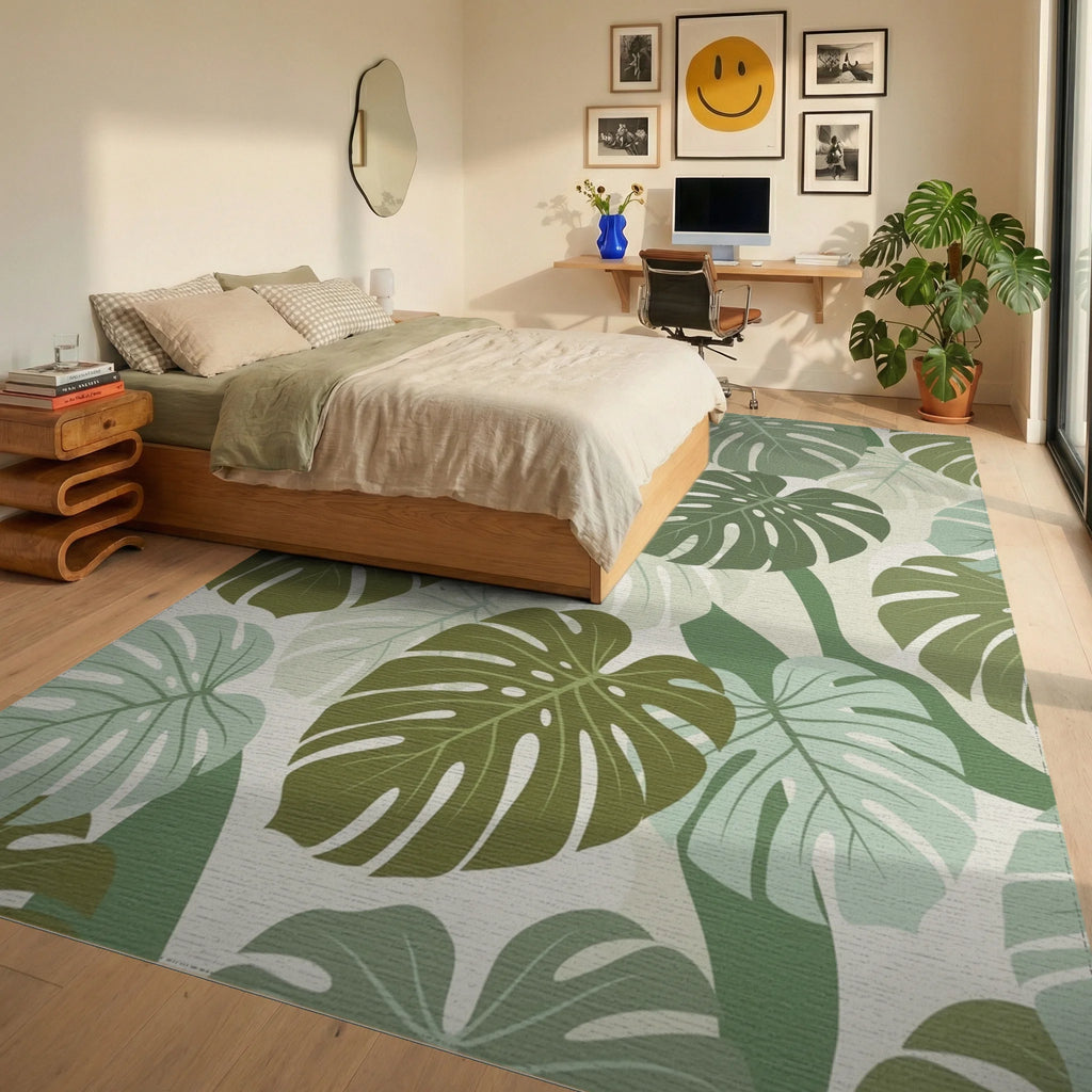 Tropical Monstera Leaf Medley Rug Bedroom View