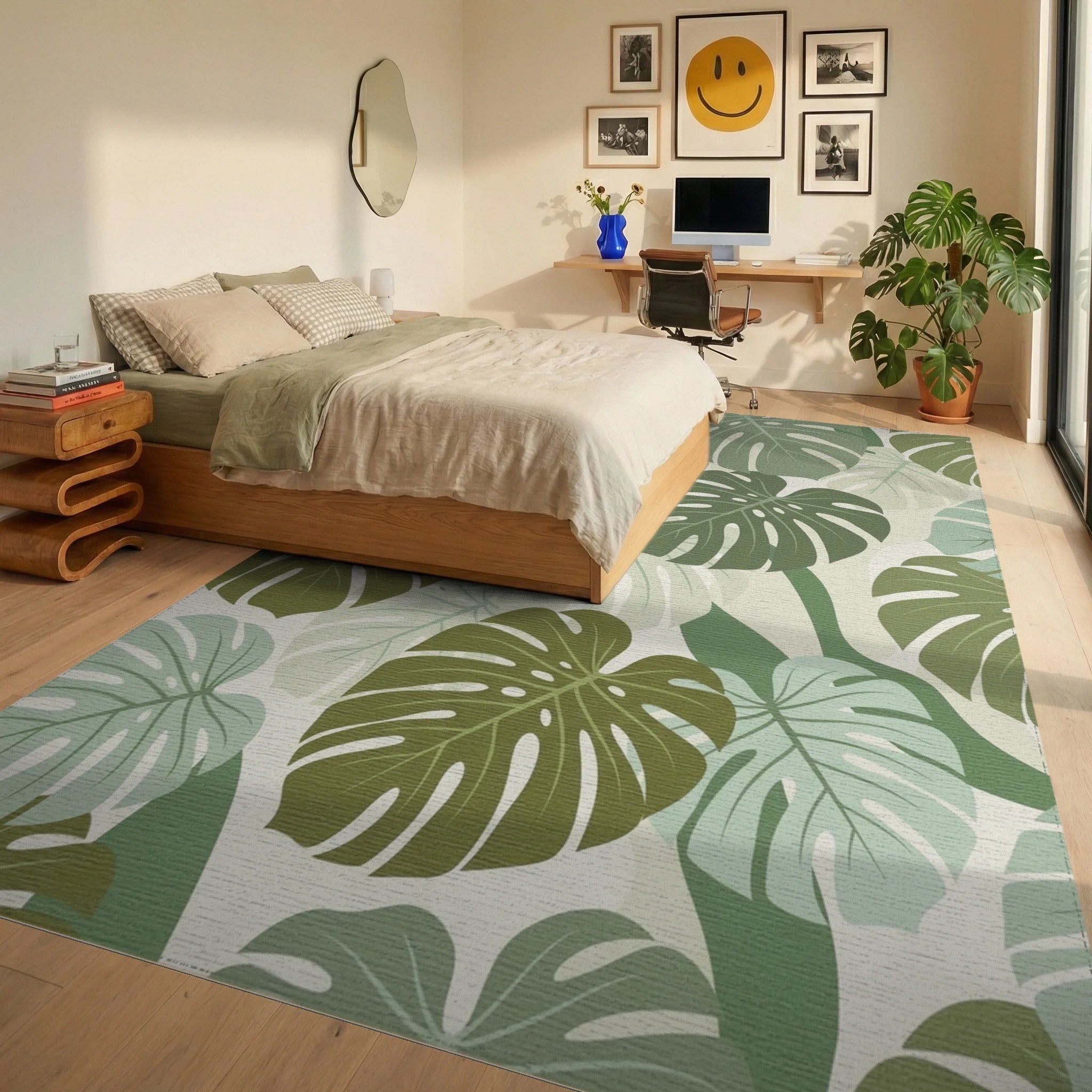 Tropical Monstera Leaf Medley Rug Bedroom View