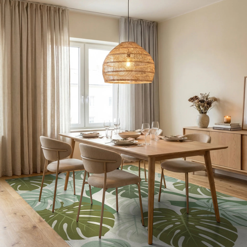 Tropical Monstera Leaf Medley Rug Dining Room View