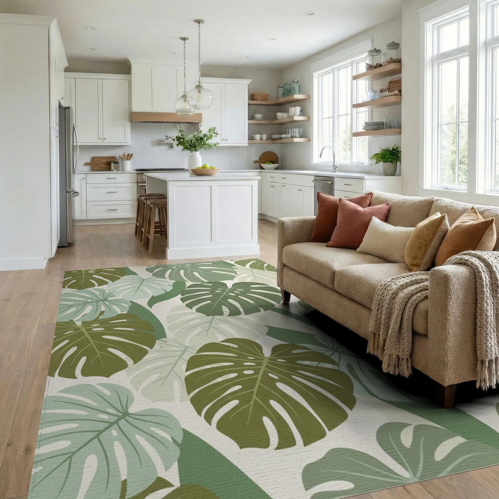 Tropical Monstera Leaf Medley Rug Living Room View