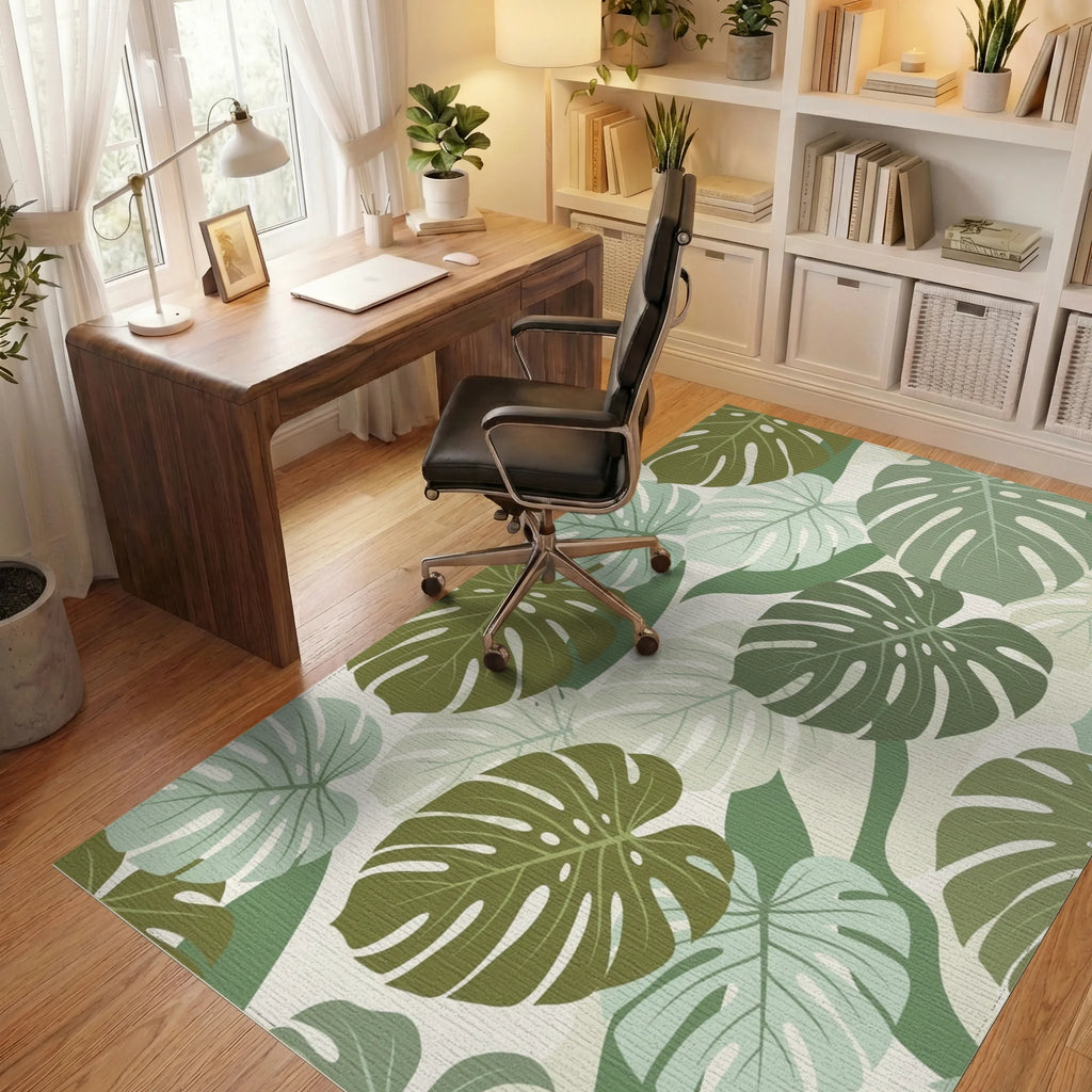 Tropical Monstera Leaf Medley Rug Office View