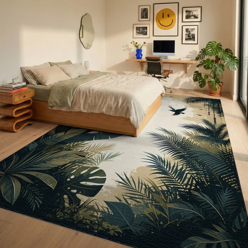 Tropical Palm Silhouette Moon Birds Rug - Bedroom View