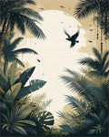 Tropical Palm Silhouette Moon Birds Rug - Cutout View