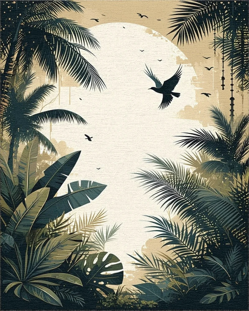 Tropical Palm Silhouette Moon Birds Rug - Cutout View