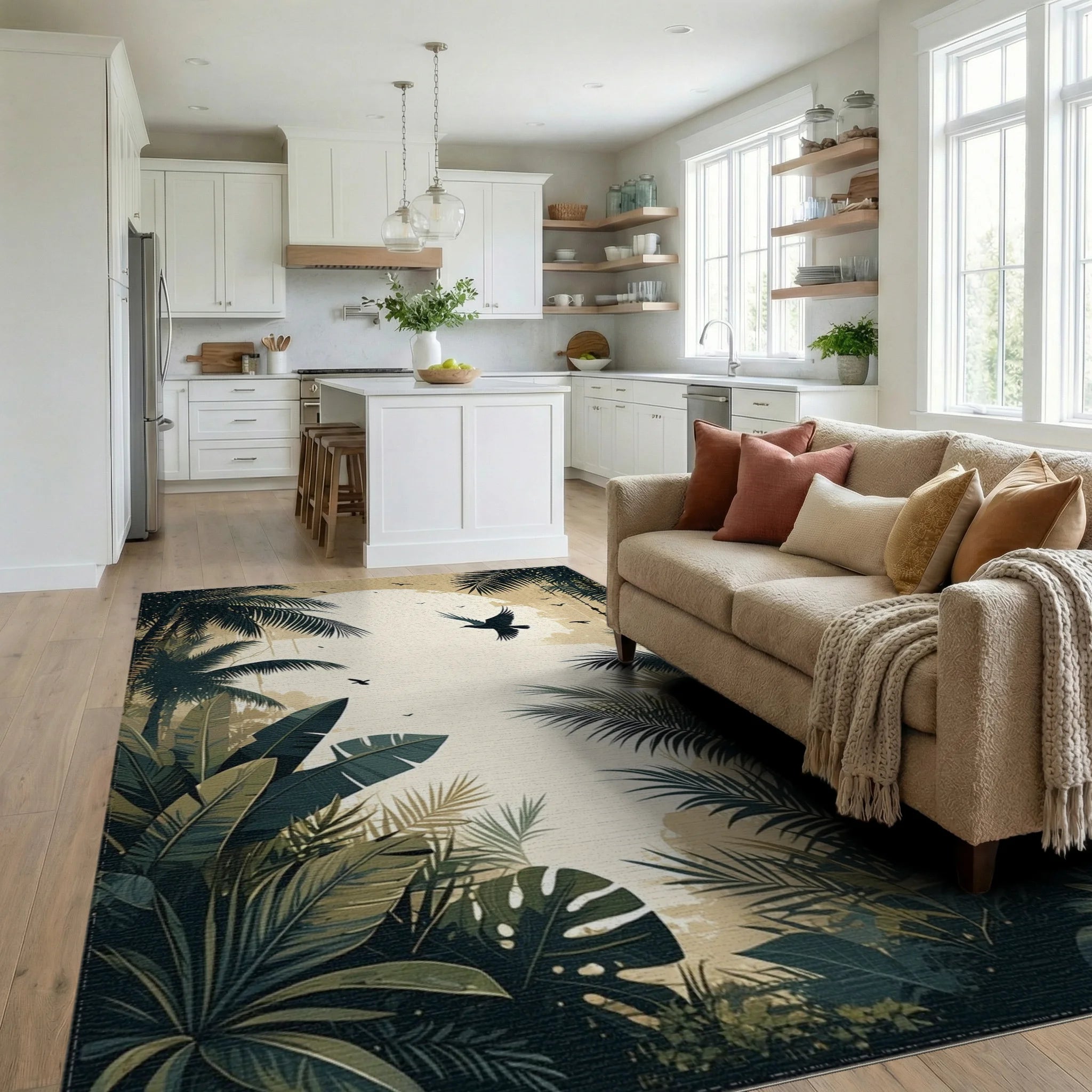 Tropical Palm Silhouette Moon Birds Rug - Living Room View