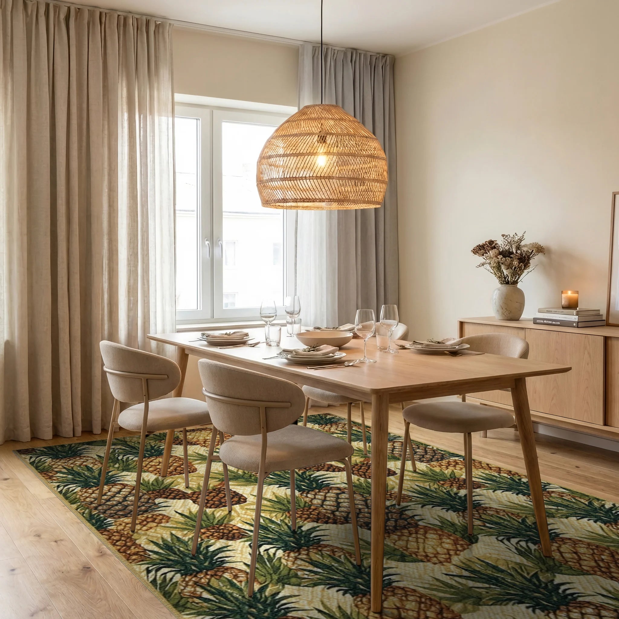 Tropical Pineapple Pattern Rug - Dining Room View