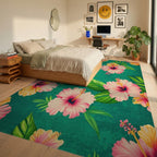 Tropical Pink Hibiscus Leaves Teal Rug - Bedroom View