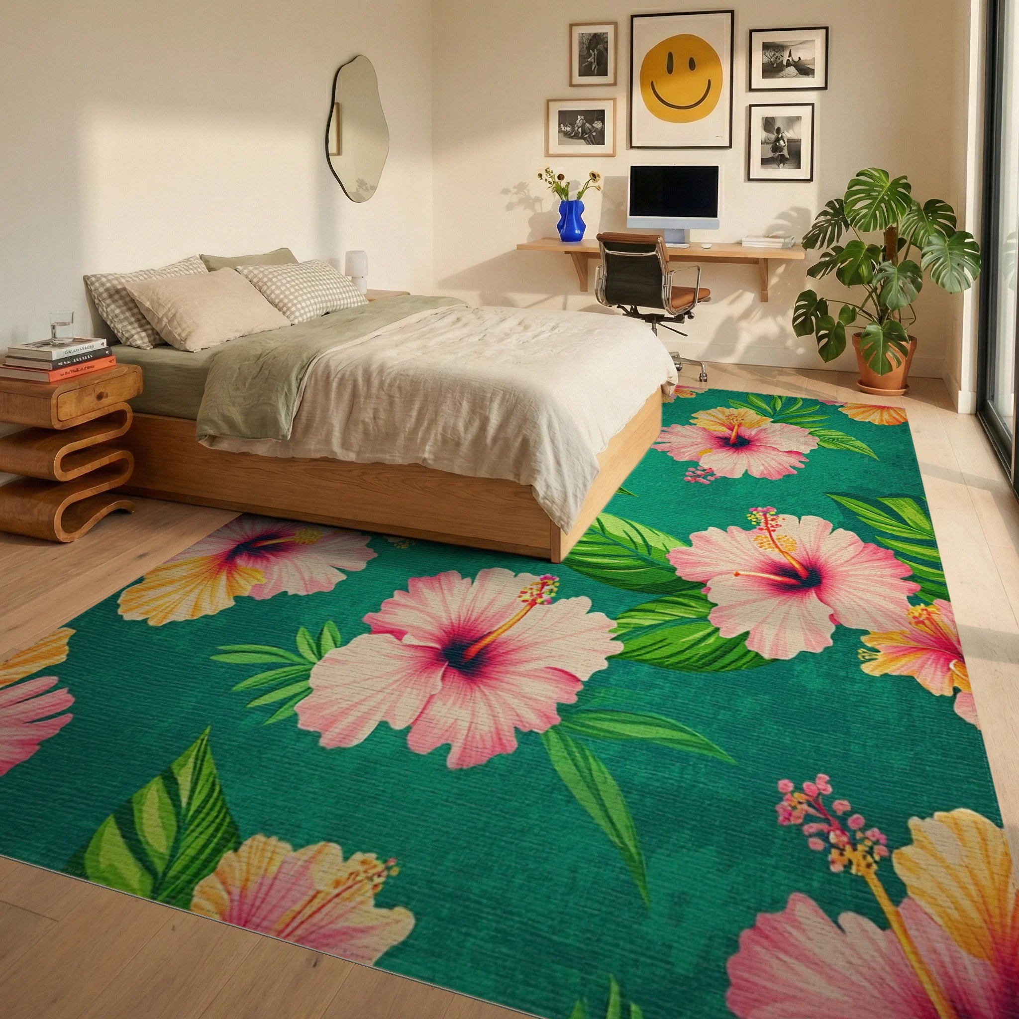 Tropical Pink Hibiscus Leaves Teal Rug - Bedroom View