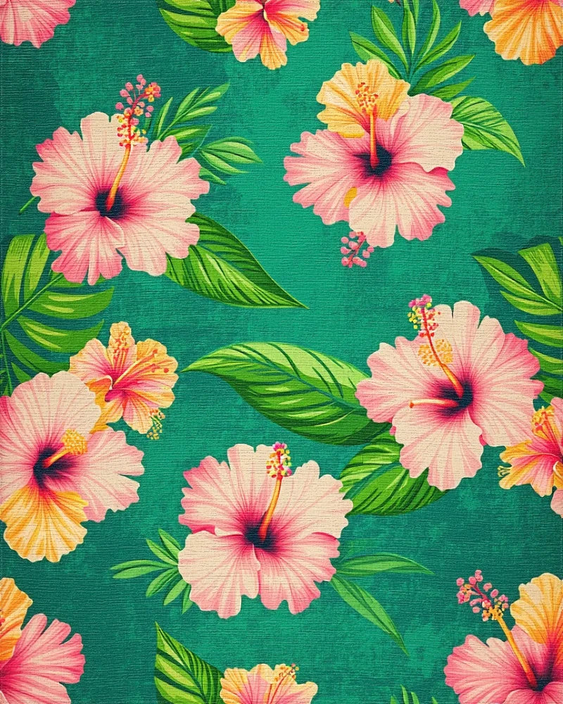 Tropical Pink Hibiscus Leaves Teal Rug - Cutout View