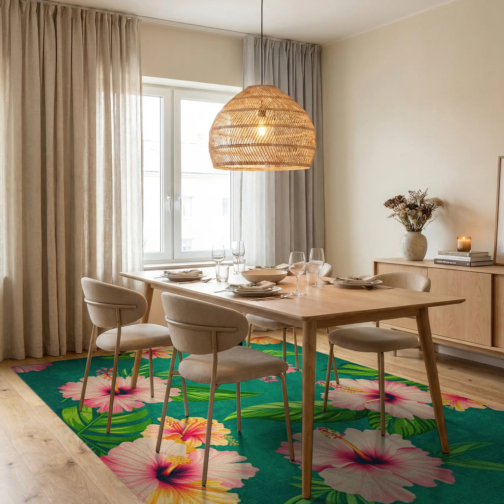 Tropical Pink Hibiscus Leaves Teal Rug - Dining Room View